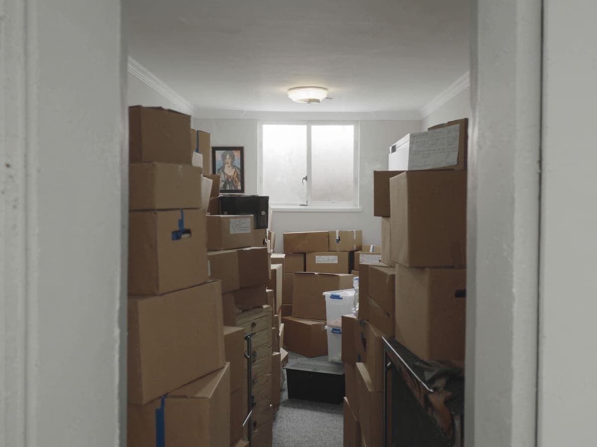 Room packed with stacked boxes and stored household belongings