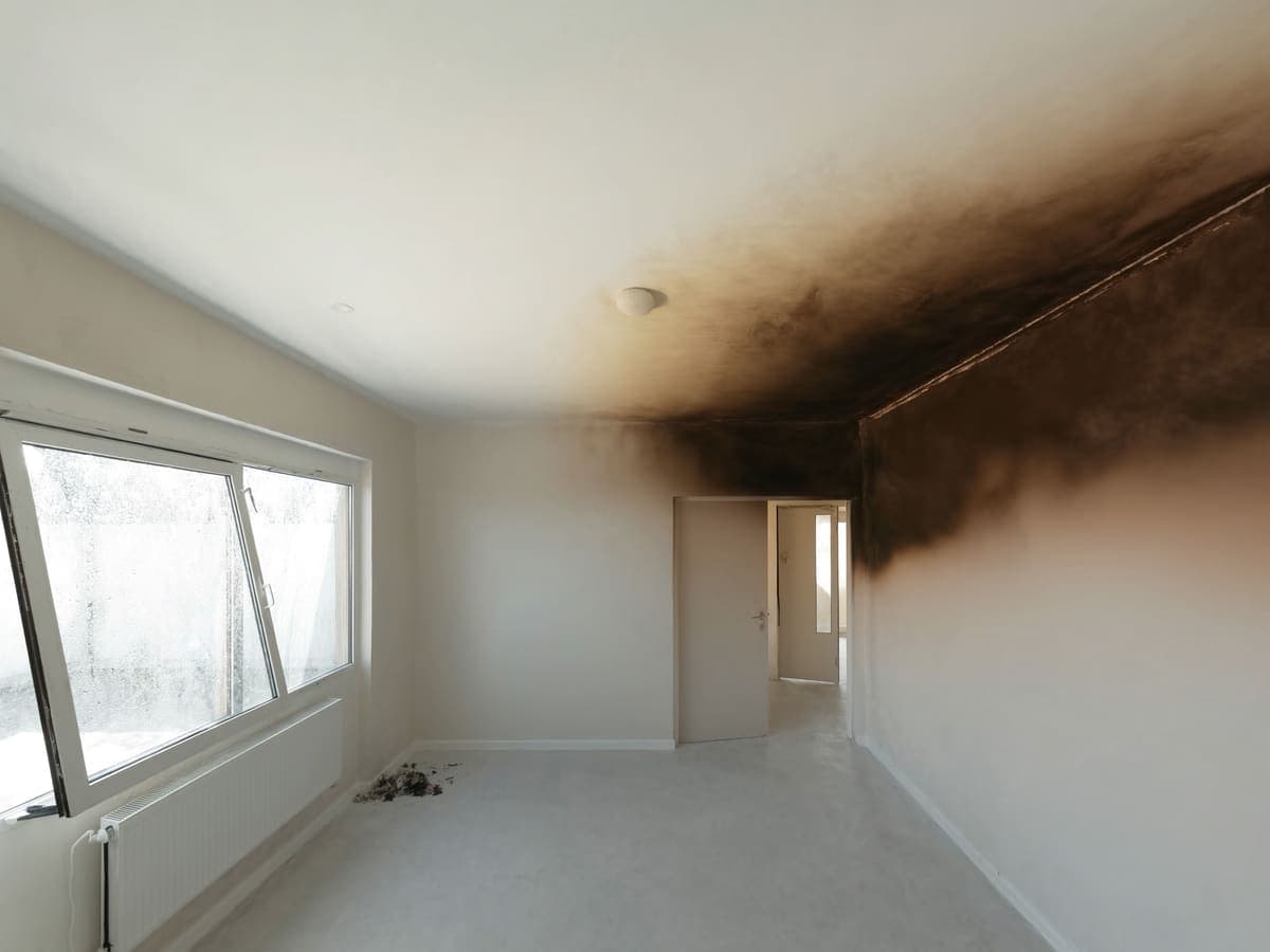 Room with a scorched ceiling and heavy smoke damage above a doorway